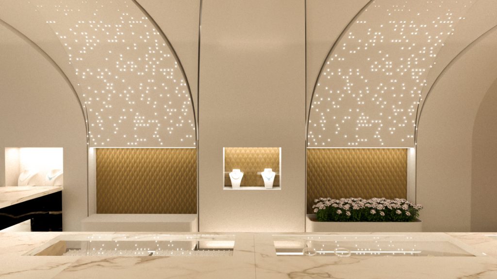 Display niches in quilted gold set into a white wall under a vaulted ceiling of tiny lights, with flowers on the counter.