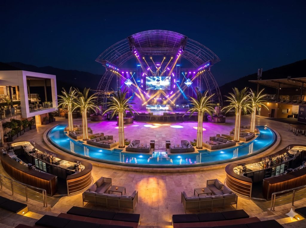 An aerial night view of the domed stage lit in purple, with a round dance floor, a reflecting pool, palm trees and lounge booths around it.