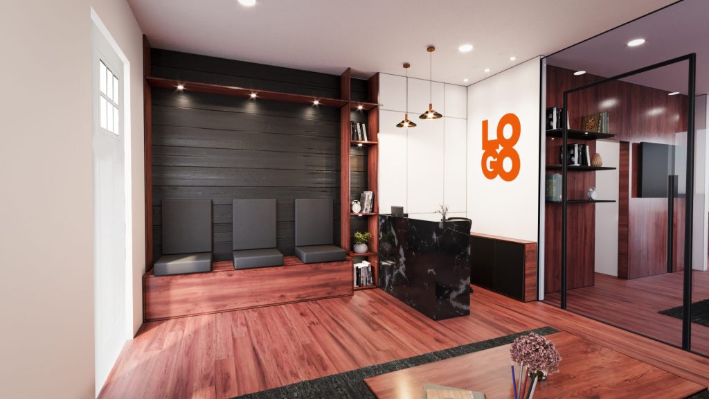 The reception area with a black slatted wall, dark red wood shelving, a marble desk and a glass partition.