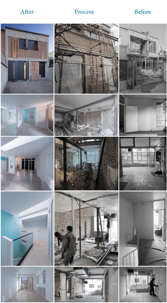 Before, during and after: photos of the house before the restoration, during construction and finished.