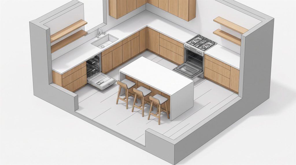 A 3D cutaway of a kitchen with an island, stools, and the dishwasher and oven doors open into the aisles.