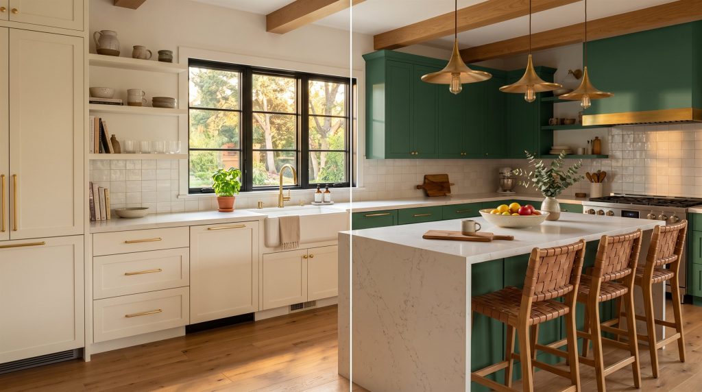 The same kitchen twice, once with warm white cabinets and once with deep green cabinets.