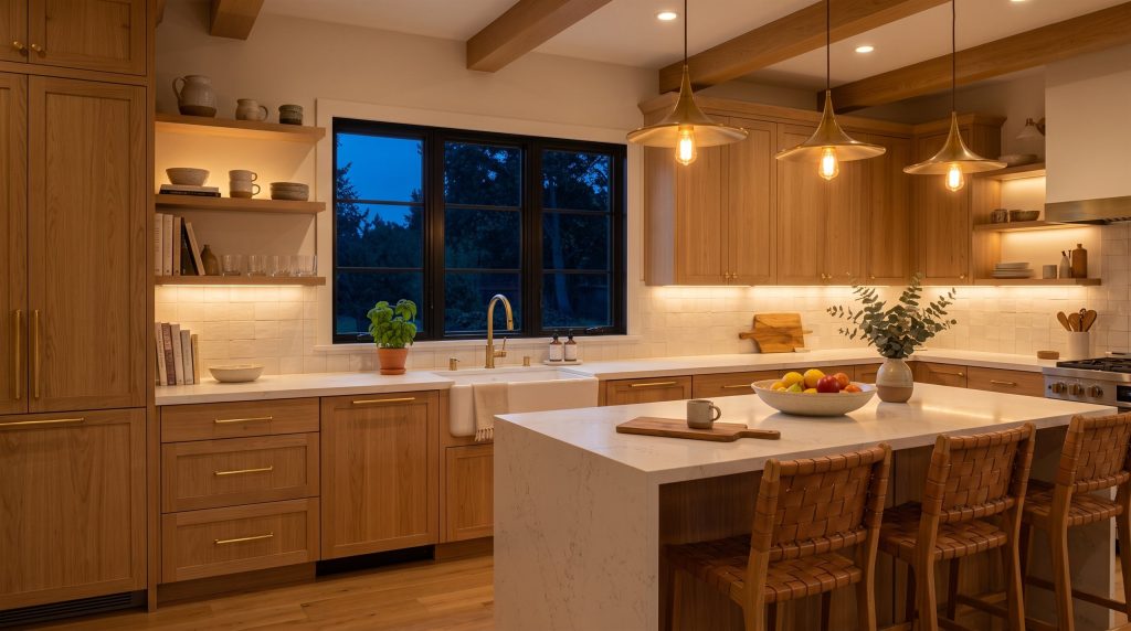 A kitchen at night with under-cabinet lights, glowing pendants over the island and dimmed ceiling lights.