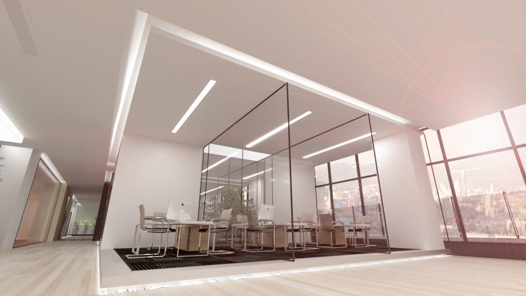 A glass-walled meeting room with a long table on a dark rug, lit by a ceiling cove beside tall windows.