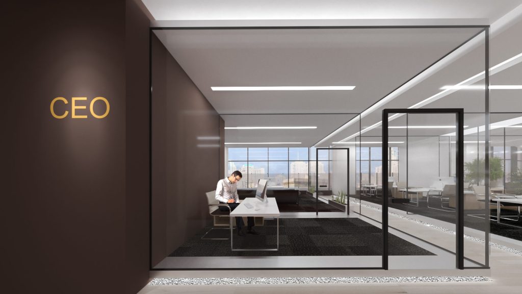 A CEO office behind a dark wall with gold lettering, with a glass door, a desk and windows over the city.
