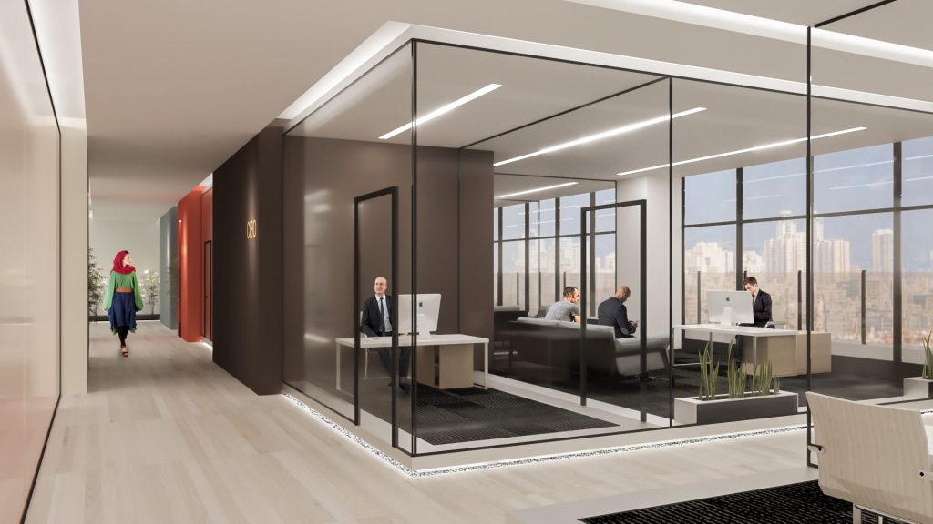 Glass-walled private offices with dark frames along a light corridor, with a red accent wall.