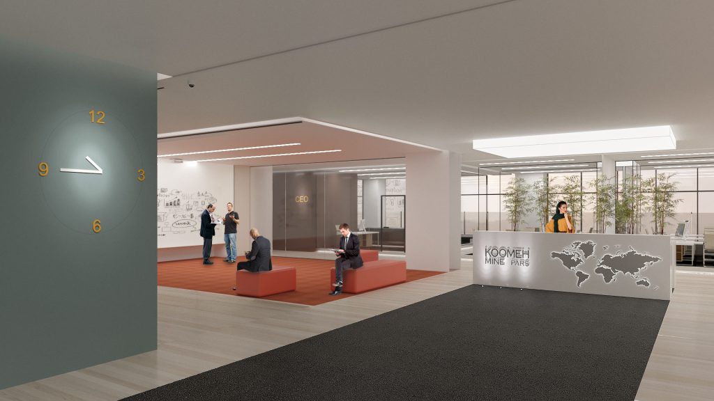 A reception area with a large gray clock wall, a red bench, a world-map desk and planters by the windows.