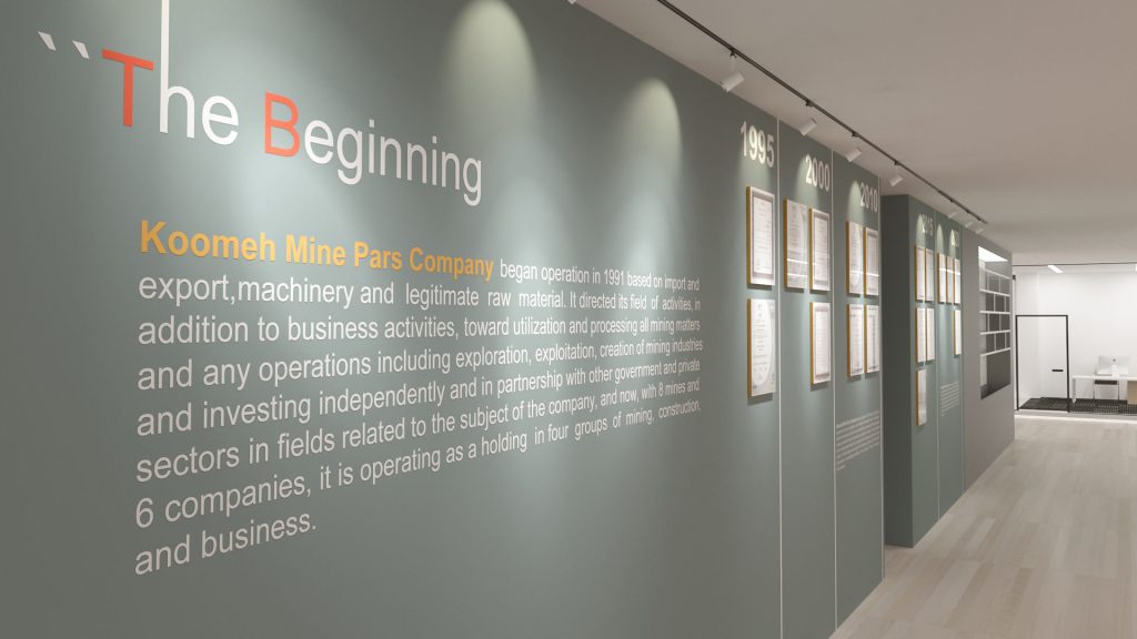 A gray wall with the heading "The Beginning" and the company's history in white and orange text, with framed photos.