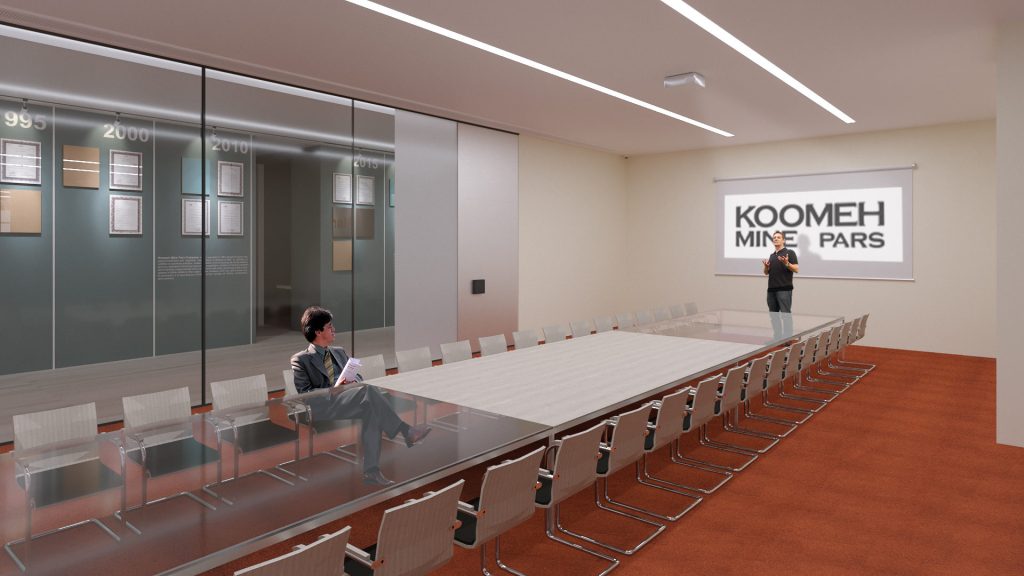 A boardroom with a long white table on an orange carpet, glass walls and the company logo on the far wall.
