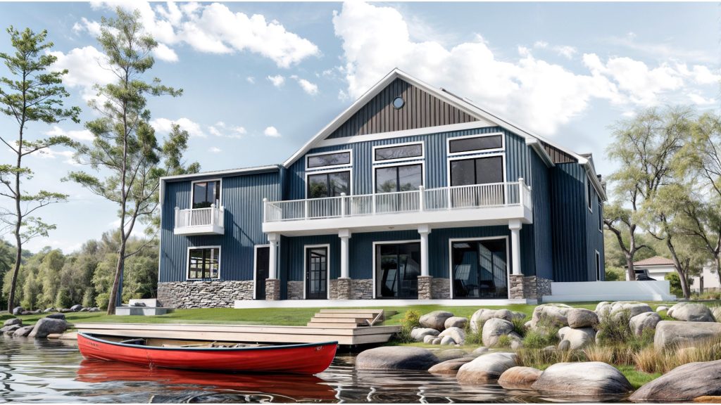 The lake side of the navy house with wide white balconies, a stone base, boulders along the shore and a red canoe on the water.