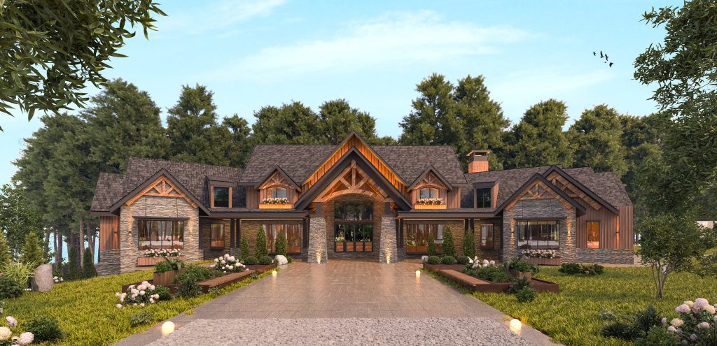 The same lodge-style house in stone and timber, with exposed wood gables, warm window light and garden lamps along the drive.