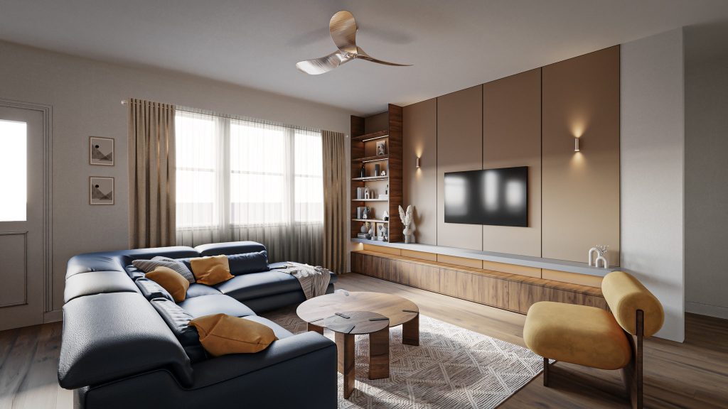 The living room with the navy sectional, a mustard armchair, a round coffee table and a walnut TV wall with built-in shelves.