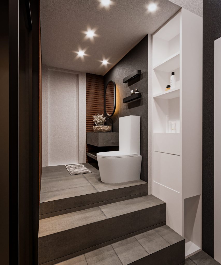 Narrow Dark Bathroom with Wood Accents