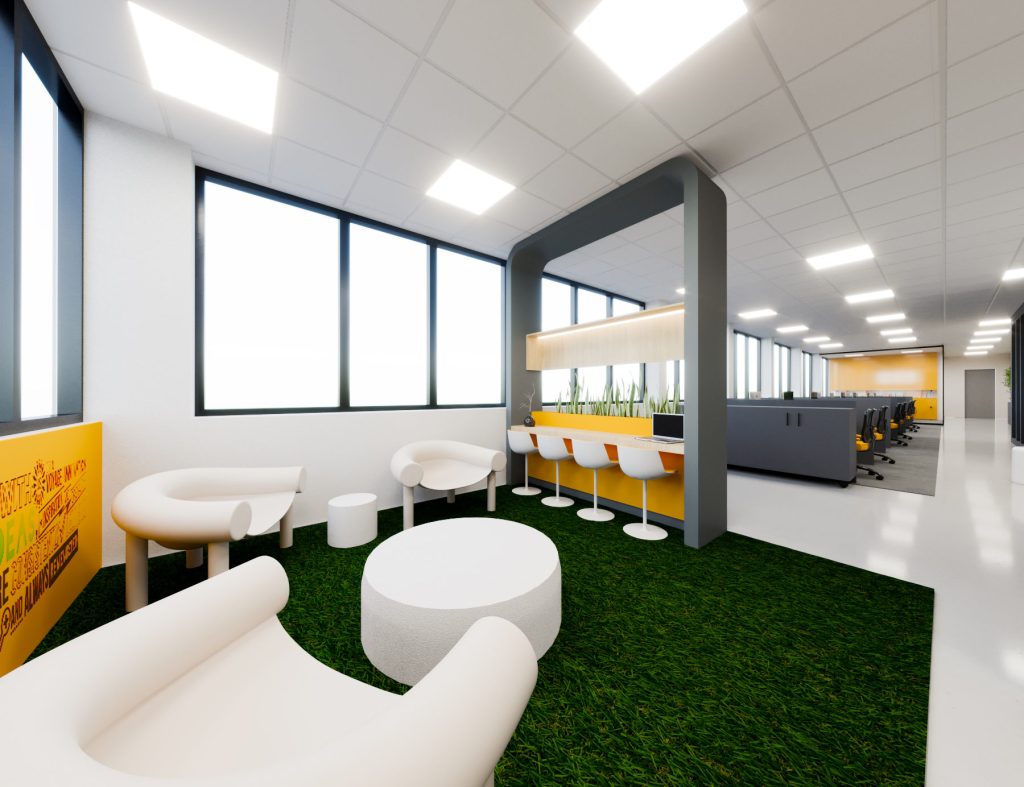 Office with Yellow Accents and Green Lounges