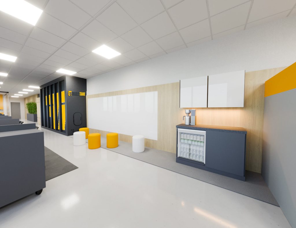 An open office with white storage, whiteboards, yellow cube seats and a counter with a yellow band, by tall windows.