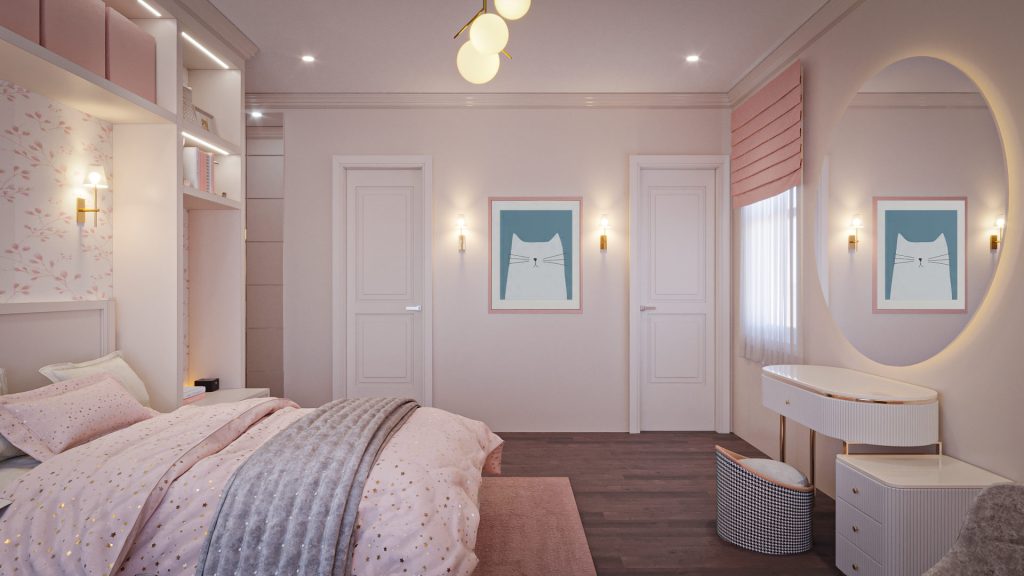 The bedroom from the bed, with a vanity and round mirror, a cat print, pink Roman shades and globe pendant lights.