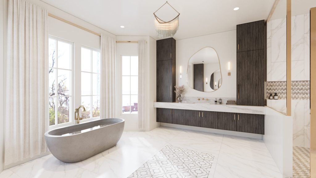 The same bathroom with dark cabinetry instead of walnut, the stone tub by the windows and a patterned tile floor.
