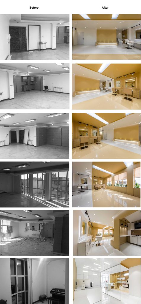 Before and after: the empty space before the renovation beside the finished salon.