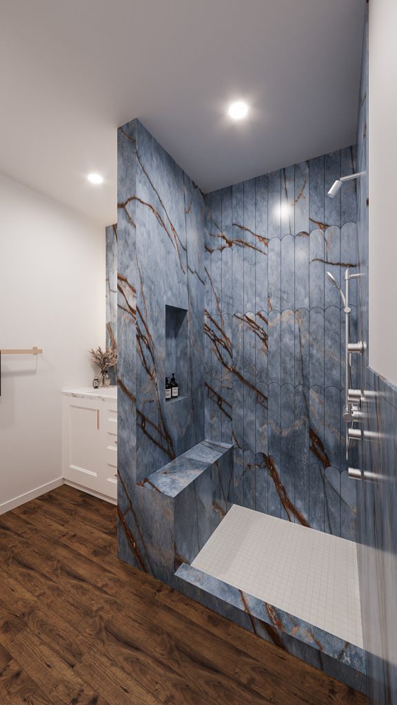 Small Bathroom with a Blue Marble Shower