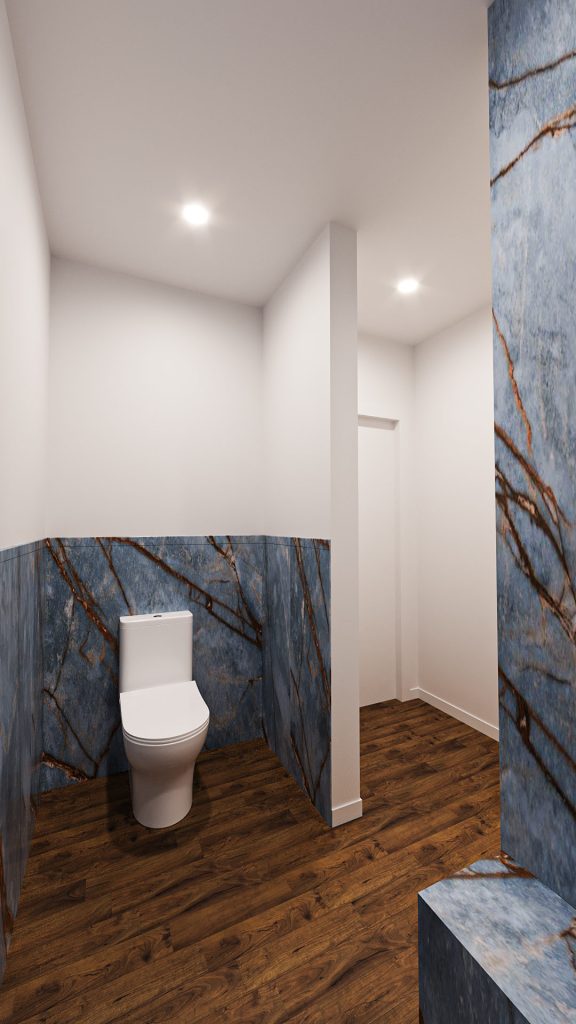 The toilet corner of the small bathroom, with a blue marble wall and a wood-look floor.