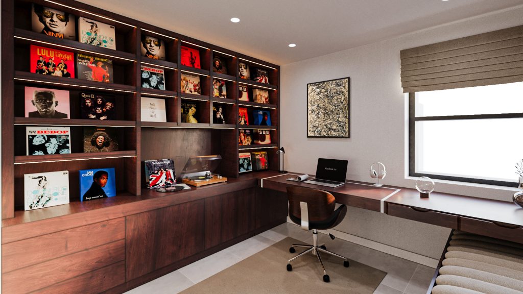 The walnut bookcase and desk wall with a laptop, framed abstract art and a window with a linen Roman shade.