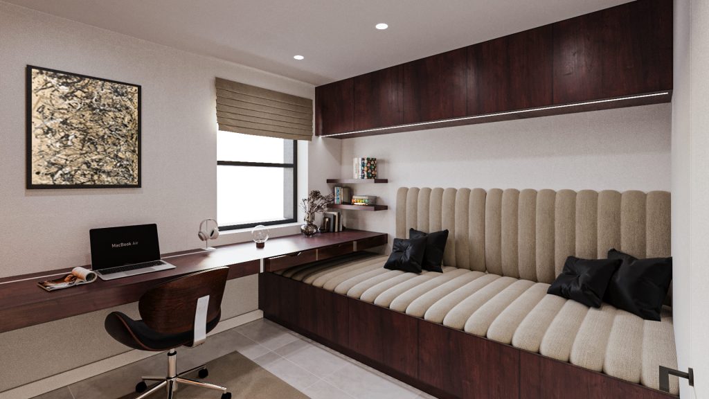 The cream banquette with black cushions beneath walnut cabinets, the desk and a framed abstract painting.
