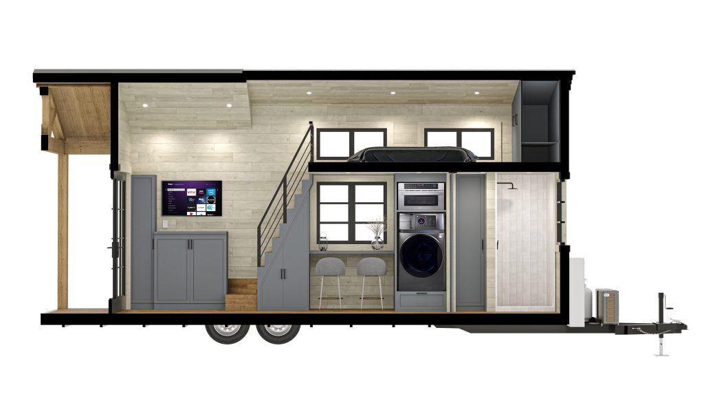 A section cutaway of a tiny house on a trailer, showing a kitchen, a stair to a sleeping loft, stacked laundry and a bathroom.