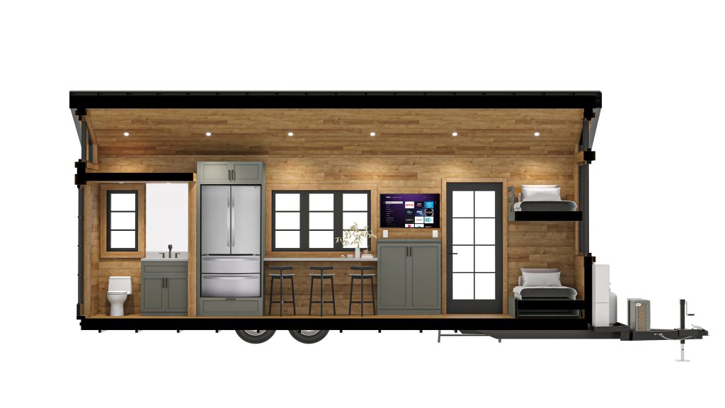 A section cutaway of a wood-lined tiny house with a bathroom, a full kitchen with a fridge, a TV wall and a bed at the far end.
