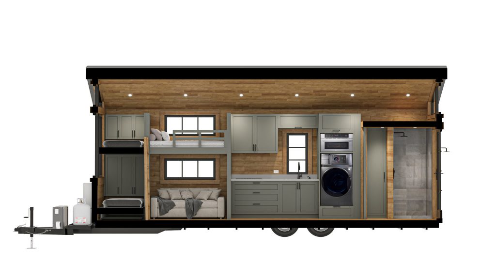 A section cutaway of a tiny house with bunk beds at one end, a kitchen with stacked laundry and a bathroom with a shower.