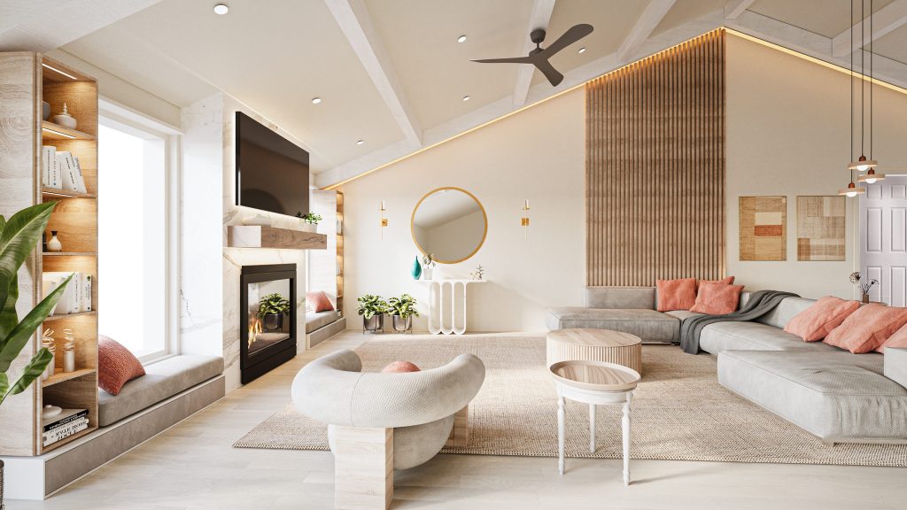 Vaulted Living Room with a Wood Feature Wall