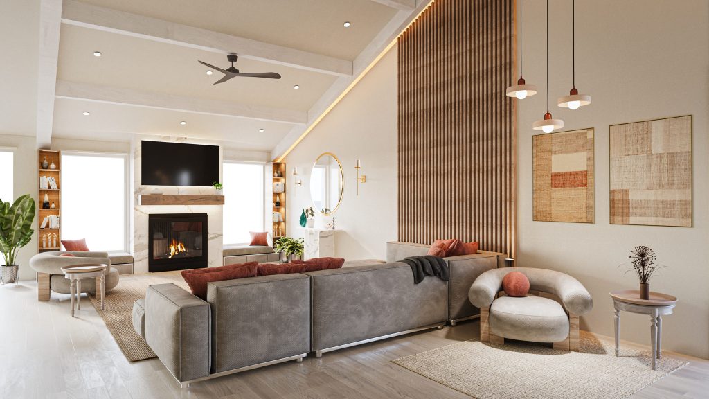 A second layout of the vaulted living room, with a gray sectional facing the fireplace, framed textile art and pendant lights.