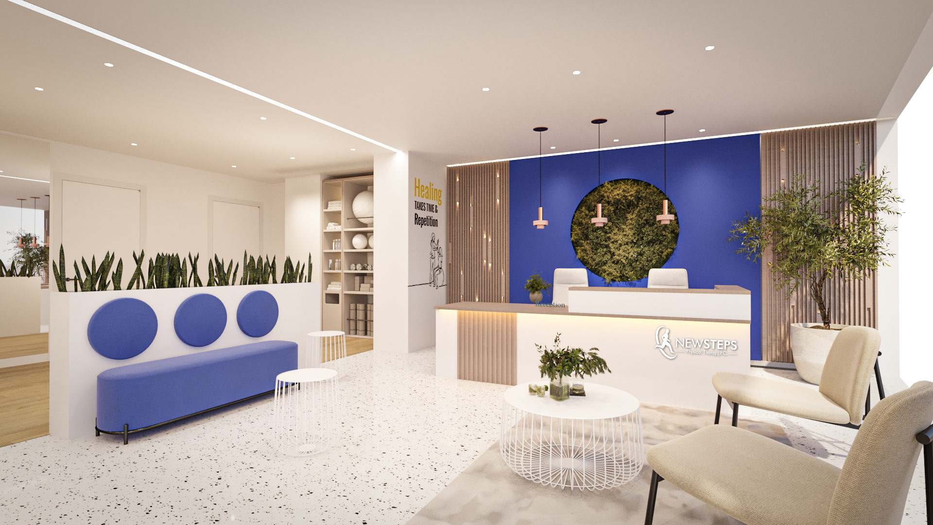 A bright reception and lounge with a deep blue wall, a round moss panel behind a white desk, round blue seat pads on a planter bench and cream armchairs.