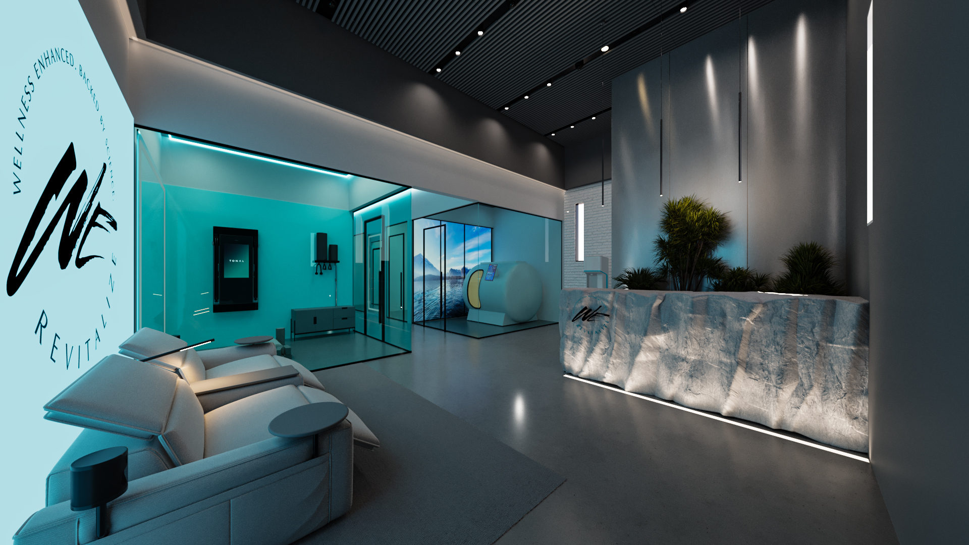 A dark studio with teal glass treatment rooms, a white recovery lounger, a stone counter with plants and a large brand graphic on the wall.