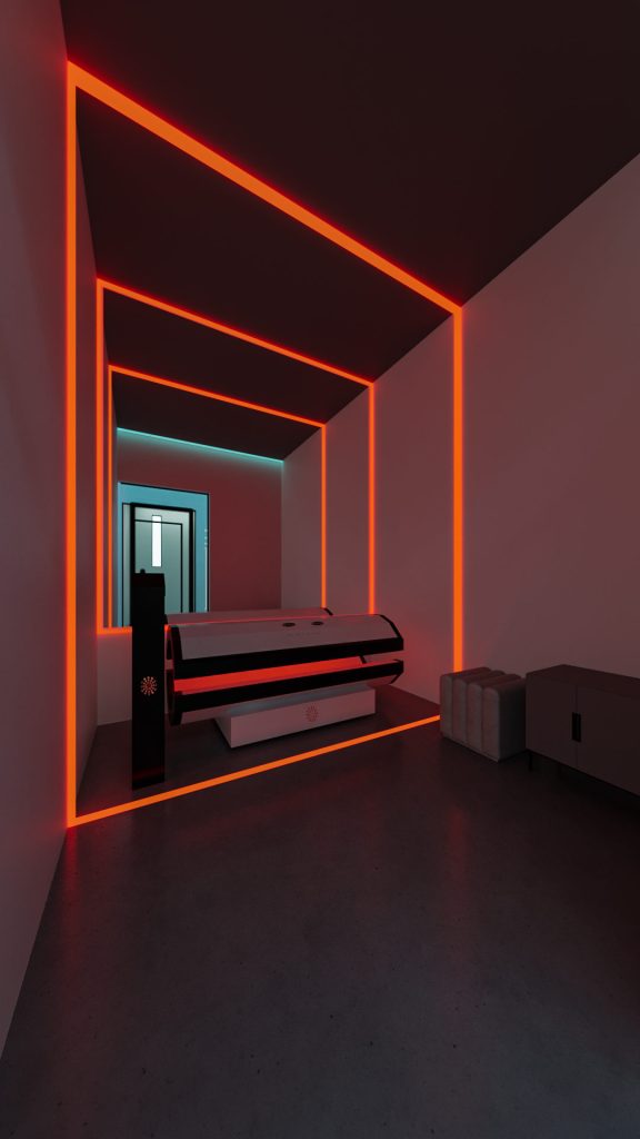 A red-lit therapy room framed by neon light lines around the ceiling and walls, with a lit treatment bed at the end.