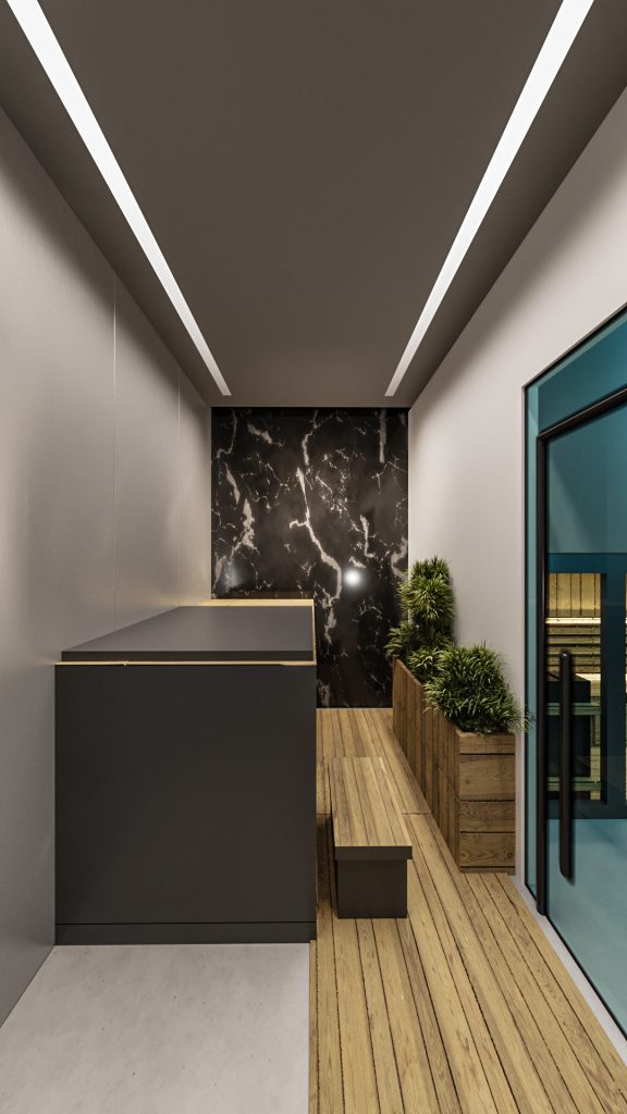 A narrow white corridor with a linear ceiling light, a dark marble wall at the end and planters.