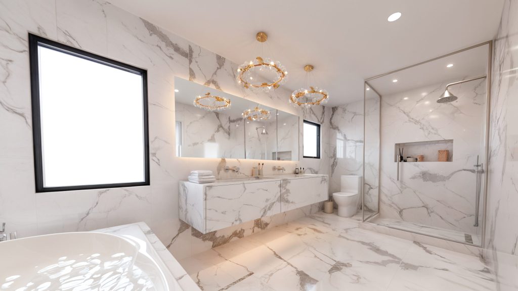 White Marble Bathroom with a Patterned Border