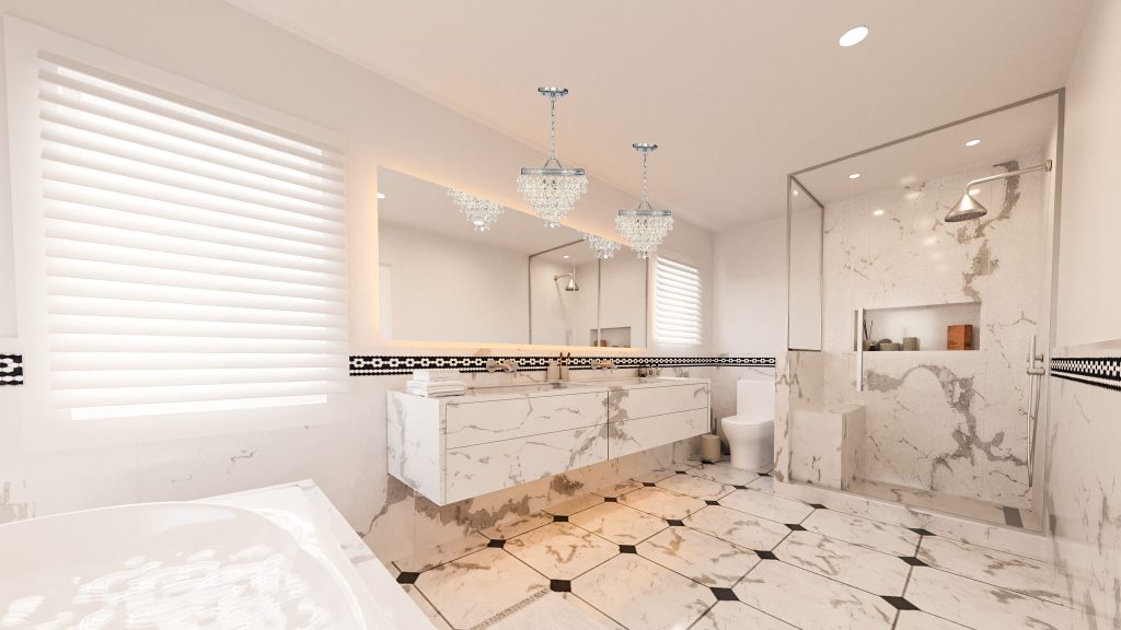 The bathroom with a long double vanity, a black-and-white patterned border on the walls, a patterned marble floor and crystal chandeliers.