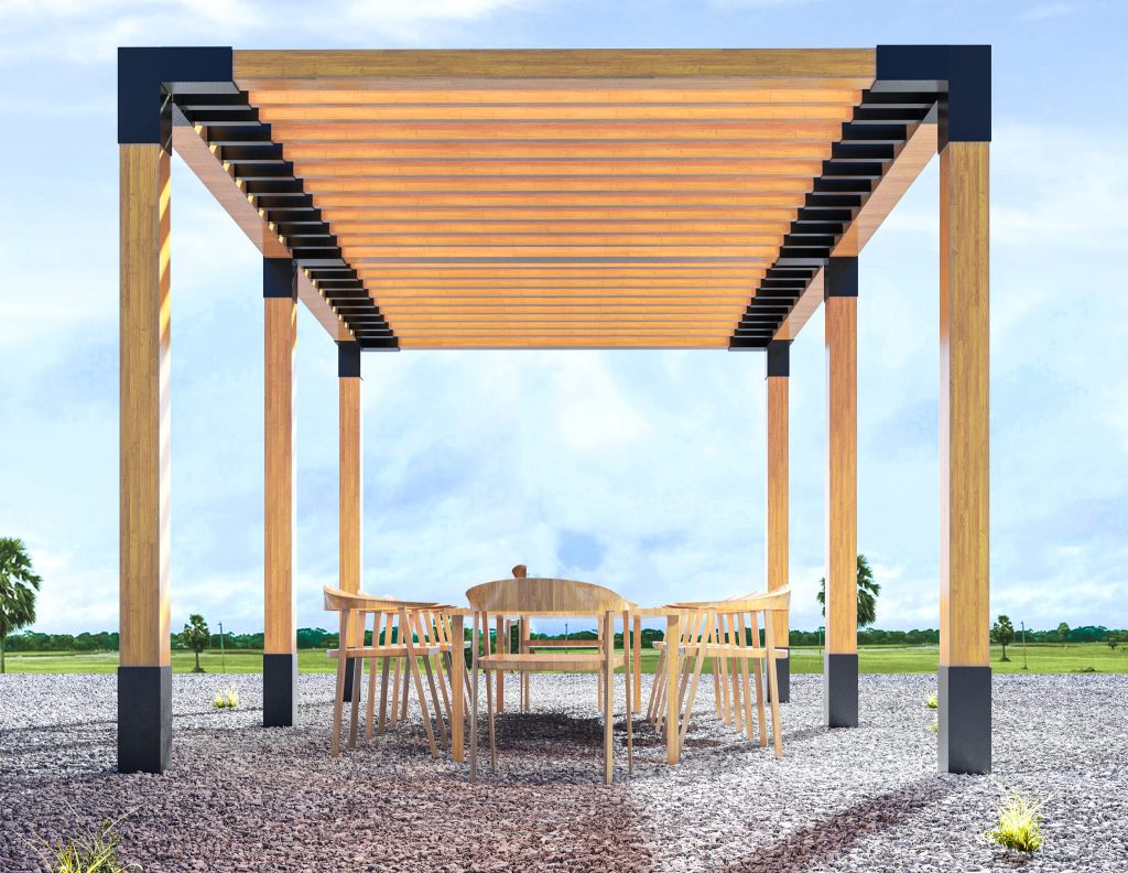 The pergola in daylight against a blue sky, showing the timber beams, black steel brackets and a table set on gravel.