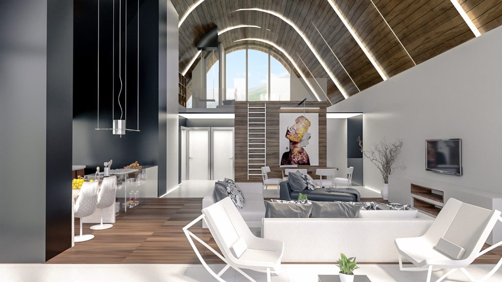 A double-height living room under a vaulted wood ceiling, with white lounge chairs, a gray sofa and an arched window.
