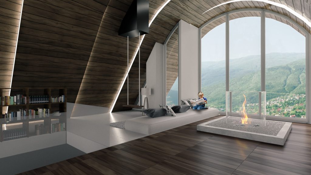A lounge under a sloping wood ceiling with a floor fire pit and a tall arched window onto forested hills.