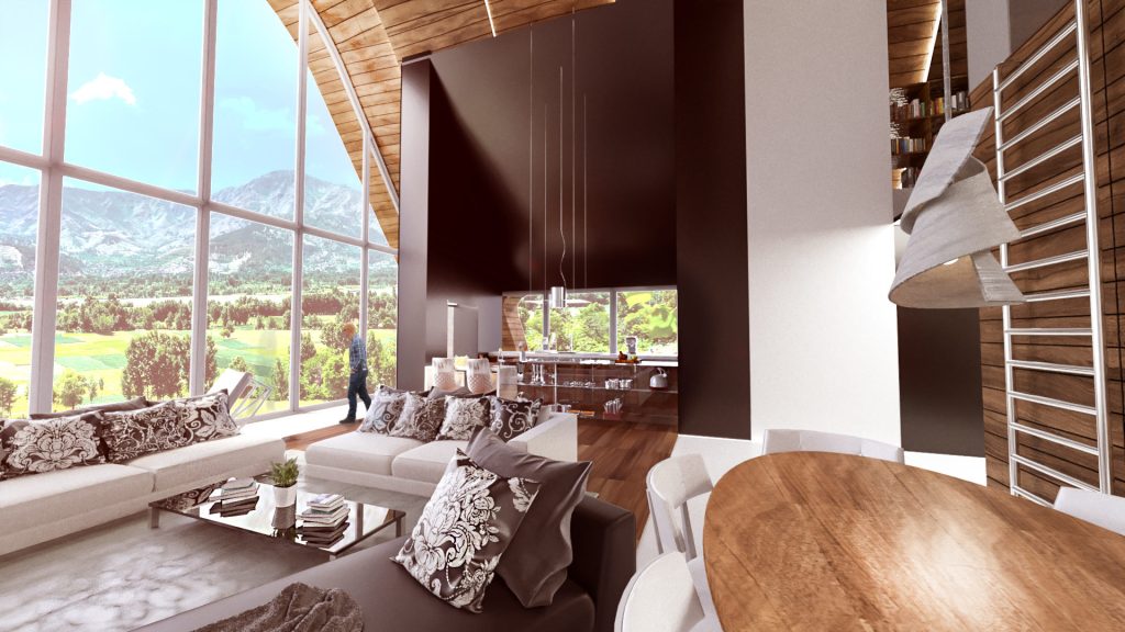 A living room with tall glass walls onto green mountains, a dark wood ceiling, a dining table and white sofas.