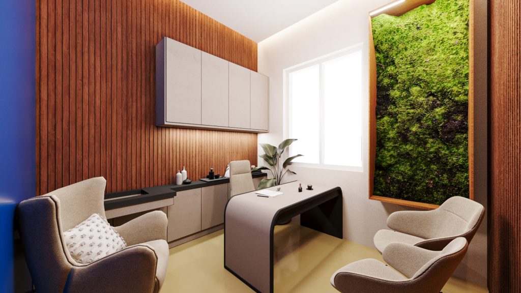 A consultation room with a curved desk, beige armchairs, wood-slat walls, a white cabinet and a tall living green wall.